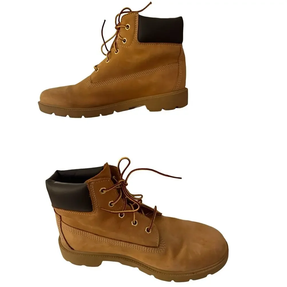 Timberland Boots Teen Boys Size 7 Wheat Tan Leather Lace Up 6 Inch Boots EUC